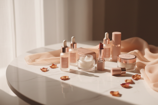 自分を大切にする女性のイメージ - 優しい光の中に置かれた化粧品