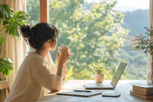 健康に投資しながら、自分らしい働き方と人生のバランスを整えるために、自然光の入る部屋で休息を取りながら未来を考えている女性