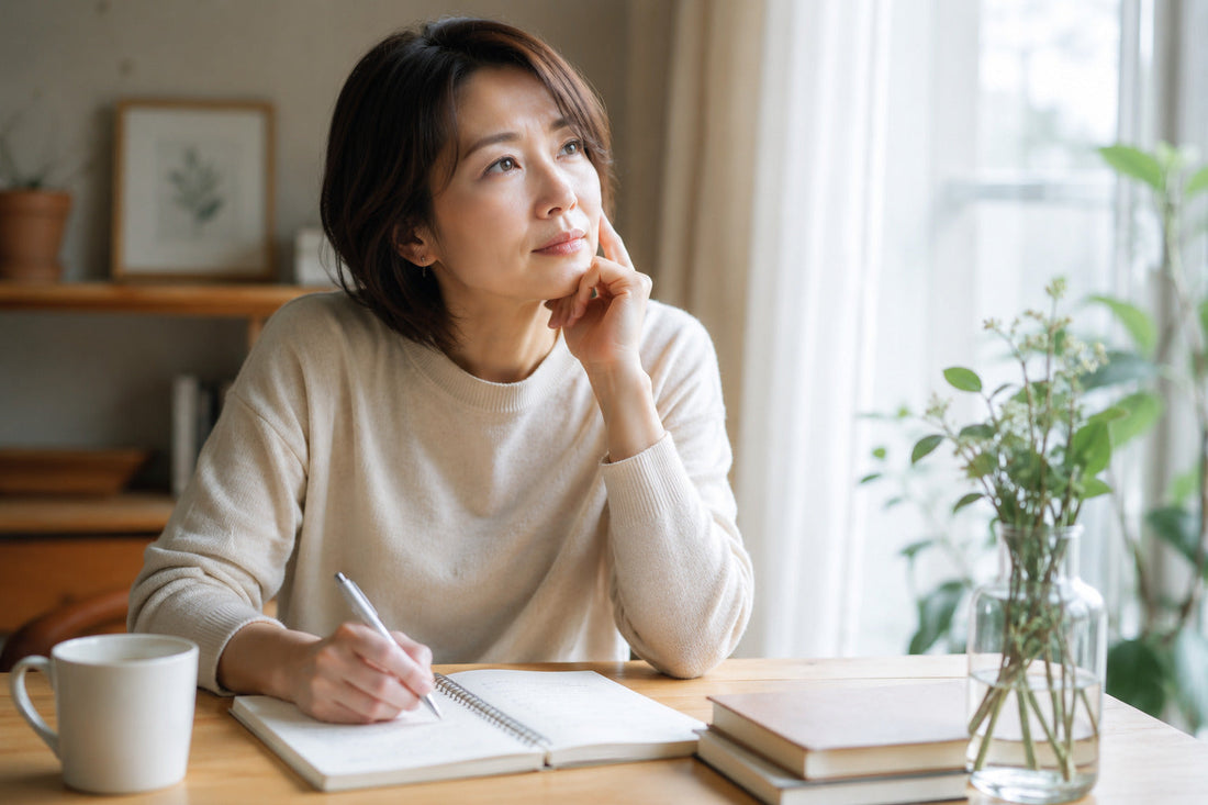 ノートを見ながら人生の現在地を振り返り自己理解を深める40代女性