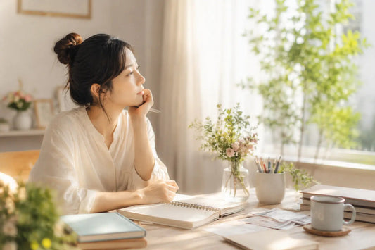『でも・だって・どうせ』というネガティブな口癖の背景にある不安や怖さと向き合いながら、自分の人生や本音について静かに考えている女性